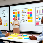 **

A diverse team of professionals collaborating enthusiastically around a table. The team leader, a woman, is actively listening and taking notes while other team members present ideas on a whiteboard filled with colorful sticky notes and diagrams. The atmosphere is bright and energetic.

**