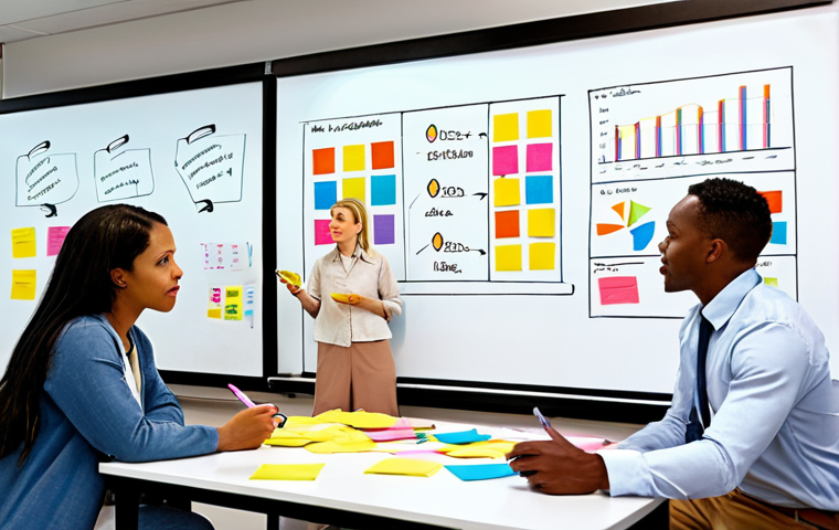 **
A diverse team of professionals collaborating enthusiastically around a table. The team leader, a woman, is actively listening and taking notes while other team members present ideas on a whiteboard filled with colorful sticky notes and diagrams. The atmosphere is bright and energetic.
**