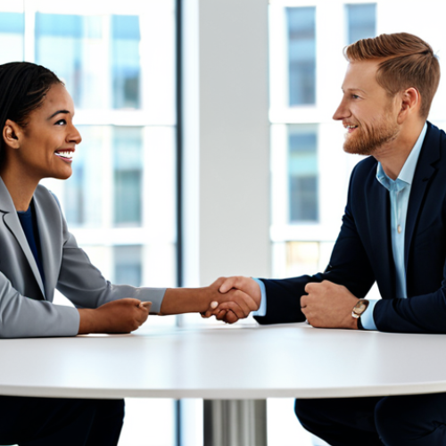 A diverse group of professional individuals, led by an inspiring female leader, engaged in a collaborative discussion around a modern, round table in a brightly lit office. All individuals are dressed in modest, contemporary business attire, fully clothed, demonstrating empathy and open dialogue. The scene emphasizes connection and mutual respect. Safe for work, appropriate content, fully clothed, professional. Perfect anatomy, correct proportions, natural pose, well-formed hands, proper finger count, natural body proportions. High-quality professional photograph.